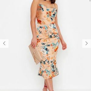 SATIN FLORAL COWL FLUTE HEM SLIP DRESS